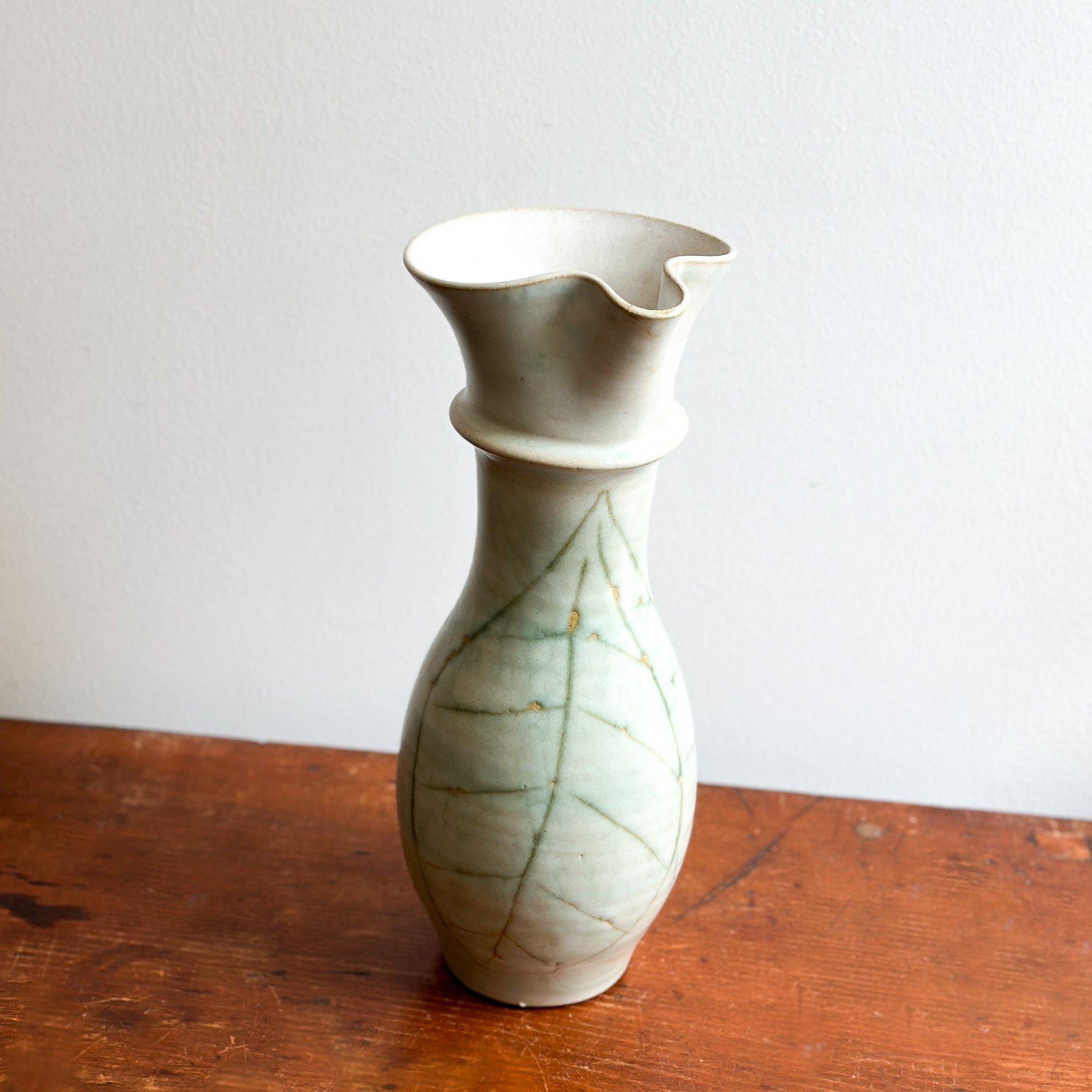 Vintage Stoneware Pitcher Vase with Leaf Linework Design