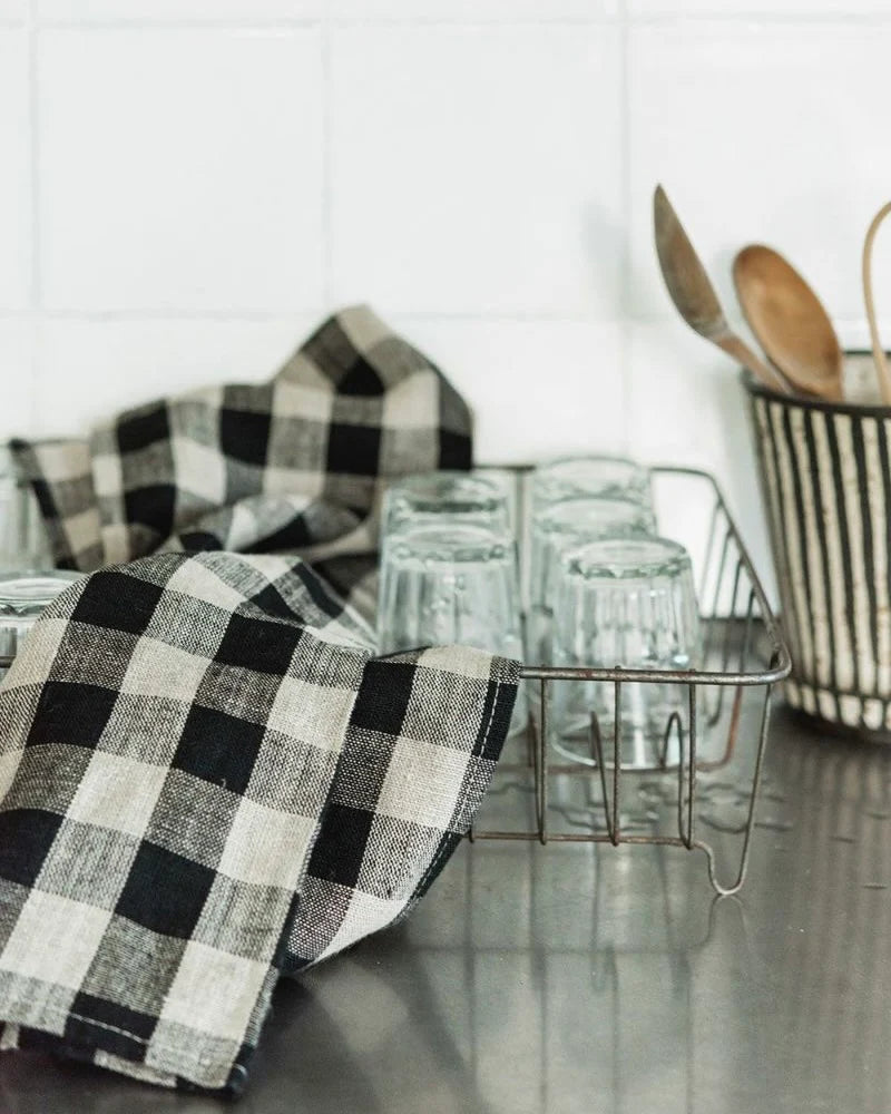 Thick Linen Kitchen Cloth, Black and Natural Check