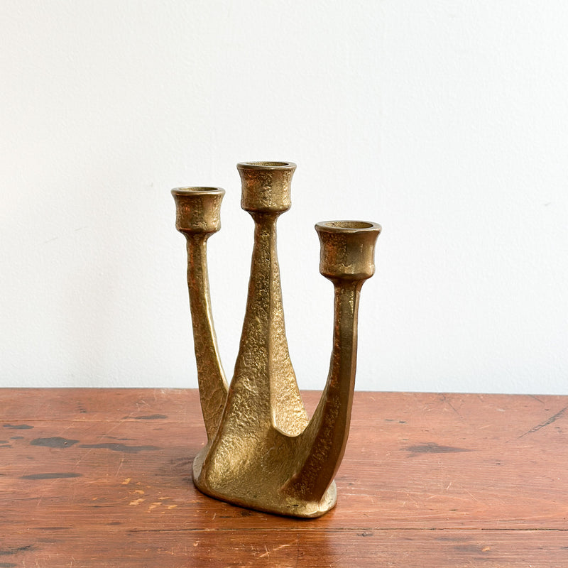 1960s Brutalist Cast Bronze 3-Arm Candelabra