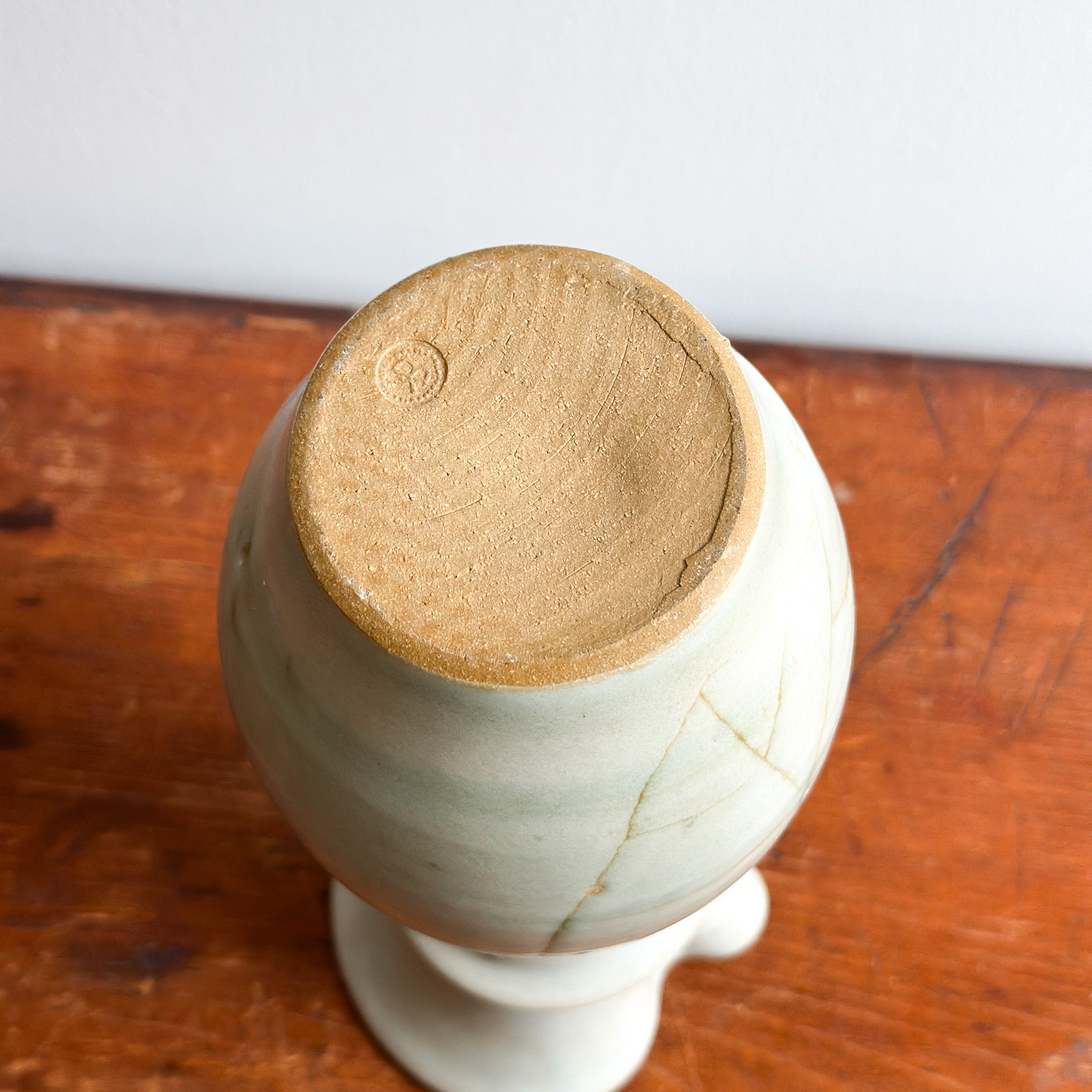Vintage Stoneware Pitcher Vase with Leaf Linework Design