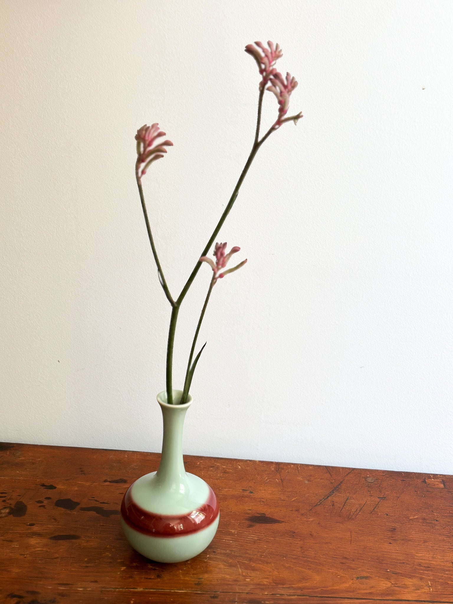 Vintage Celadon Vase with Oxblood Stripe, Japan