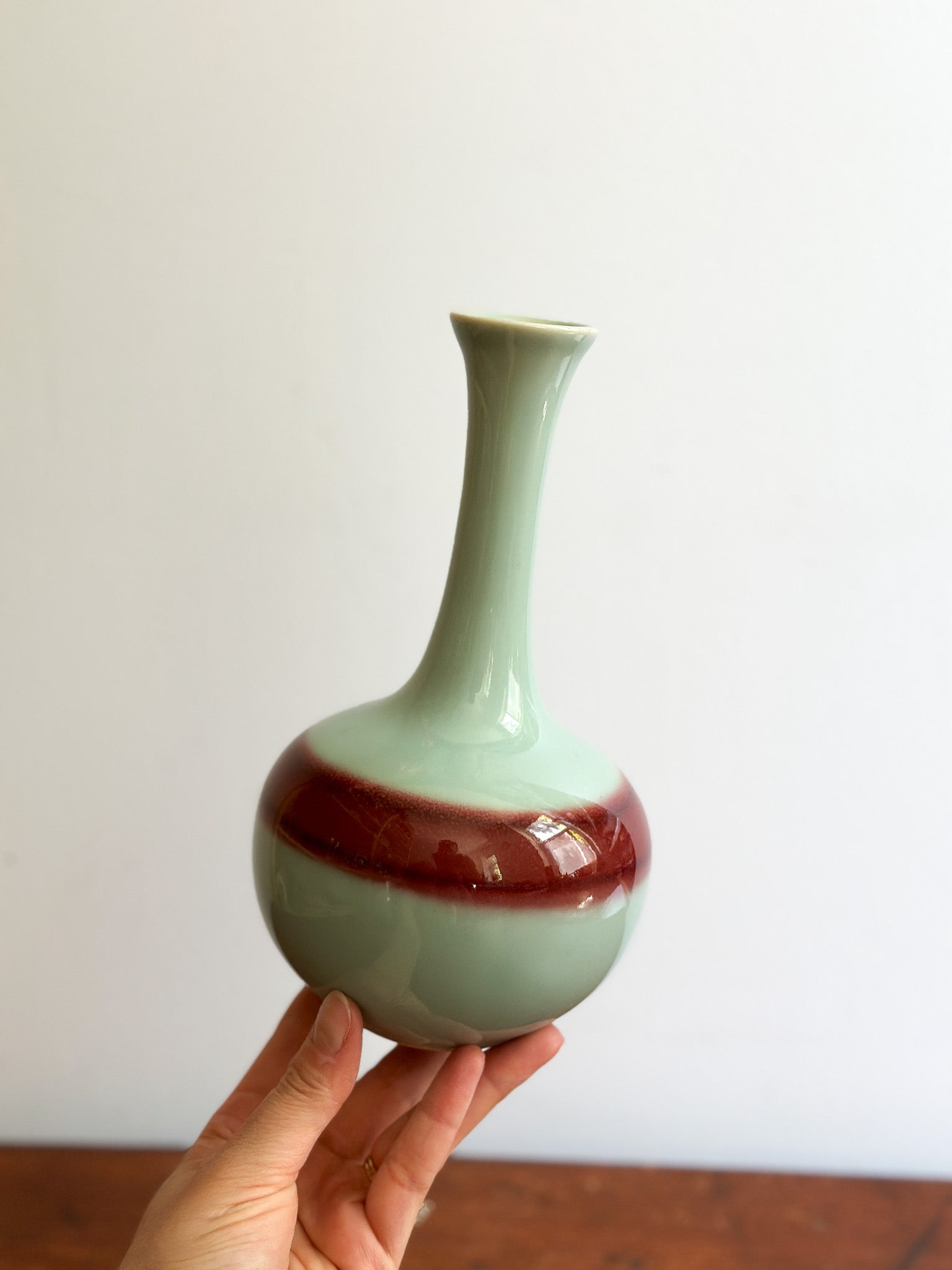 Vintage Celadon Vase with Oxblood Stripe, Japan