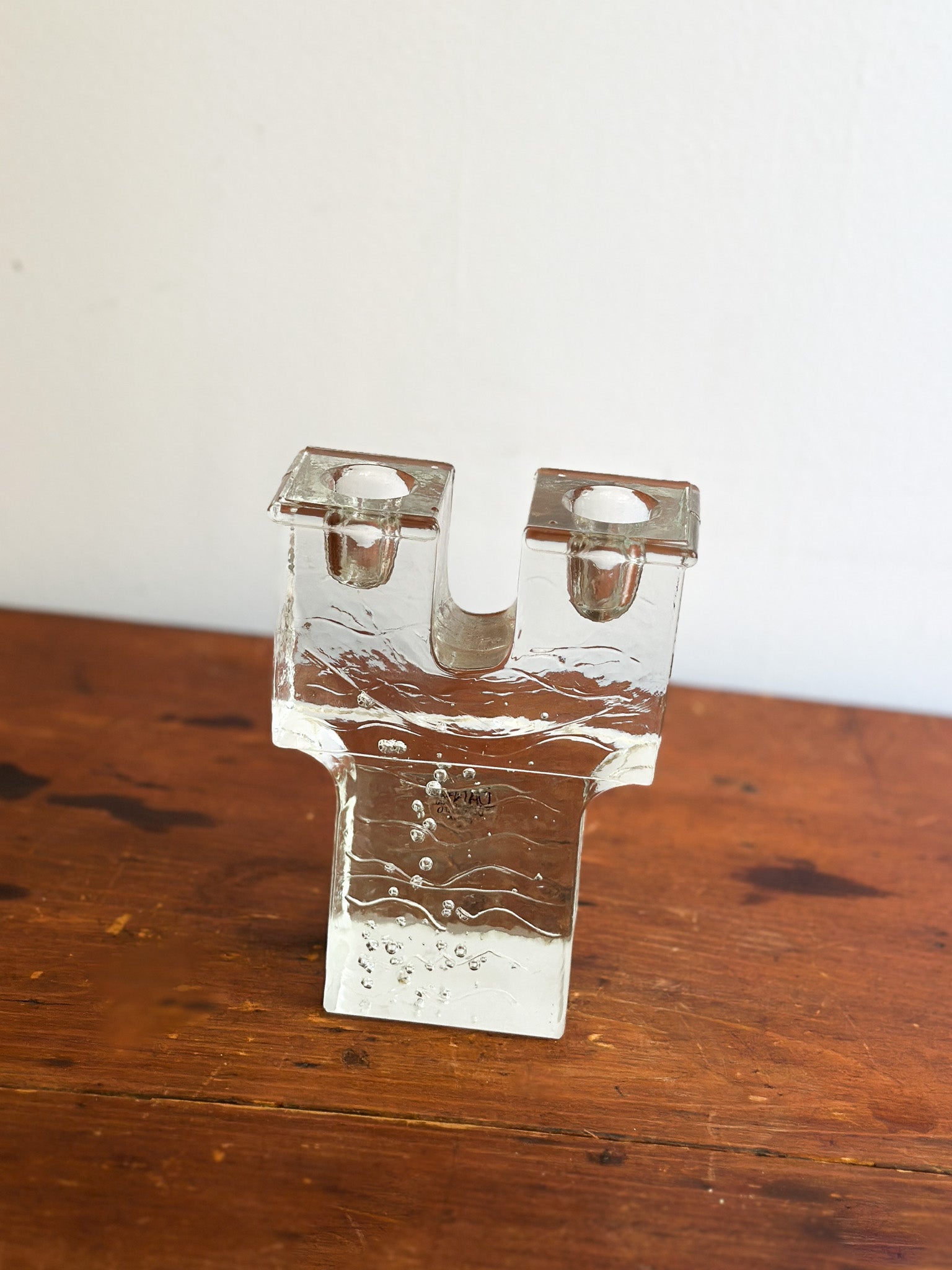 Mid-Century Ice Block Glass 2-Candle Holder