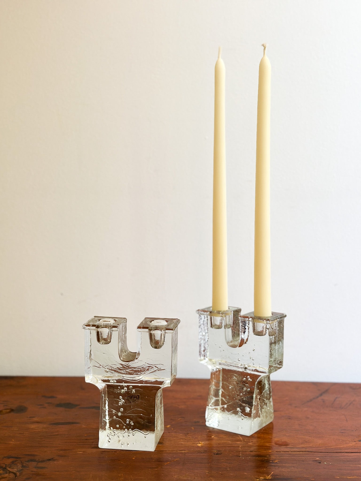 Mid-Century Ice Block Glass 2-Candle Holder