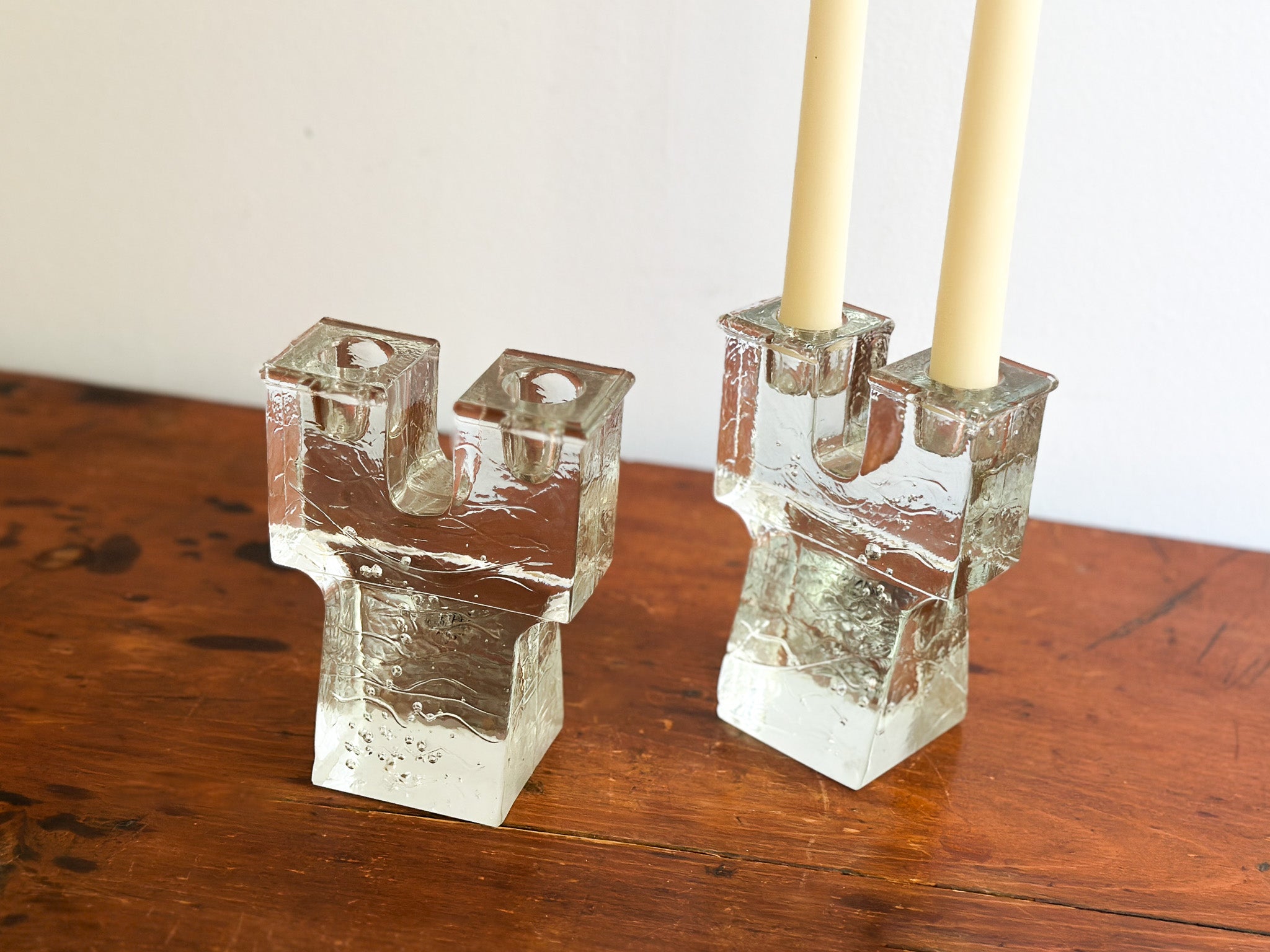 Mid-Century Ice Block Glass 2-Candle Holder