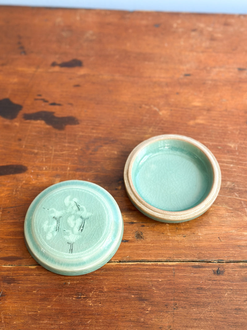 Vintage Celadon Ceramic Box with Cranes