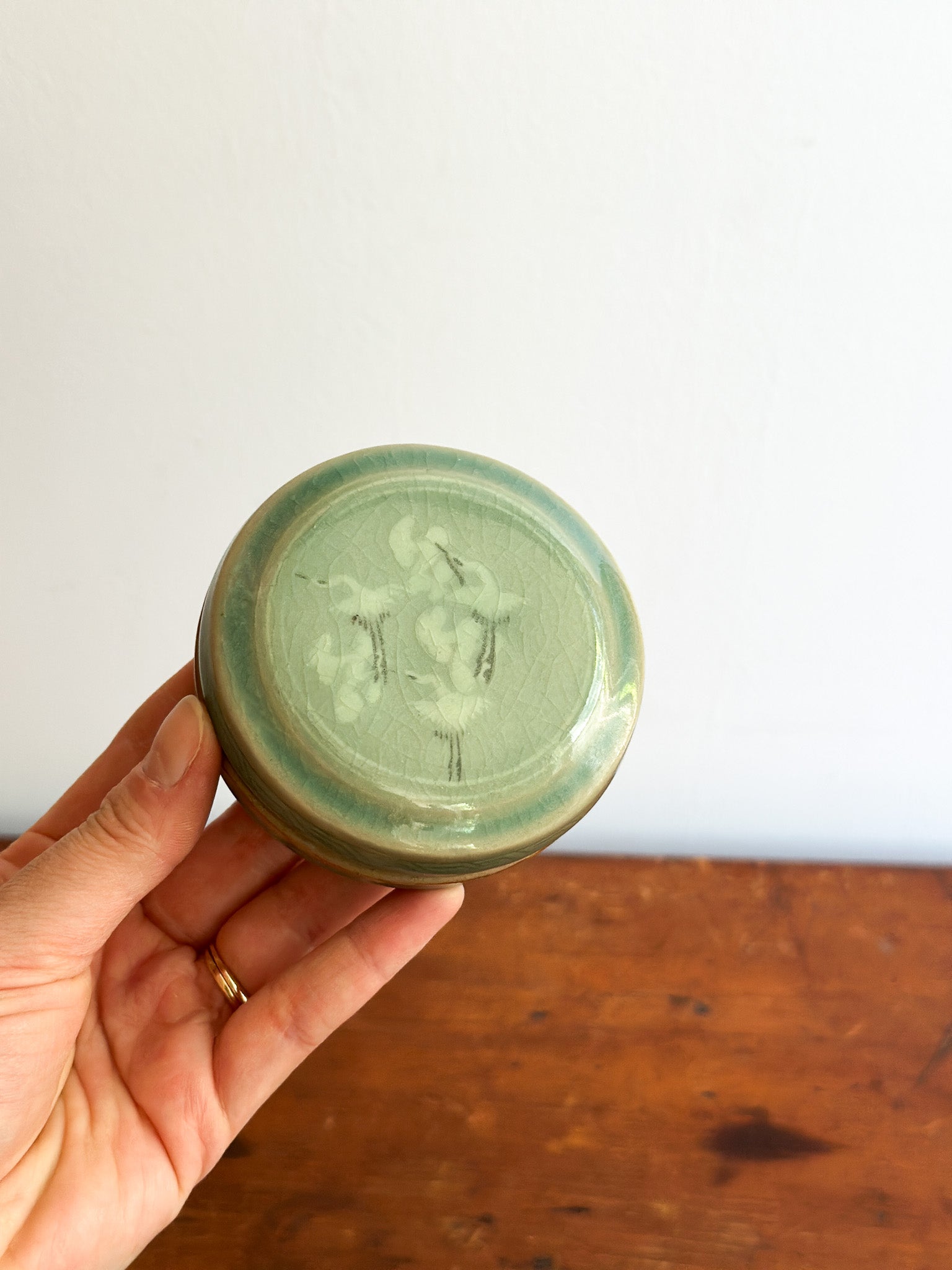 Vintage Celadon Ceramic Box with Cranes