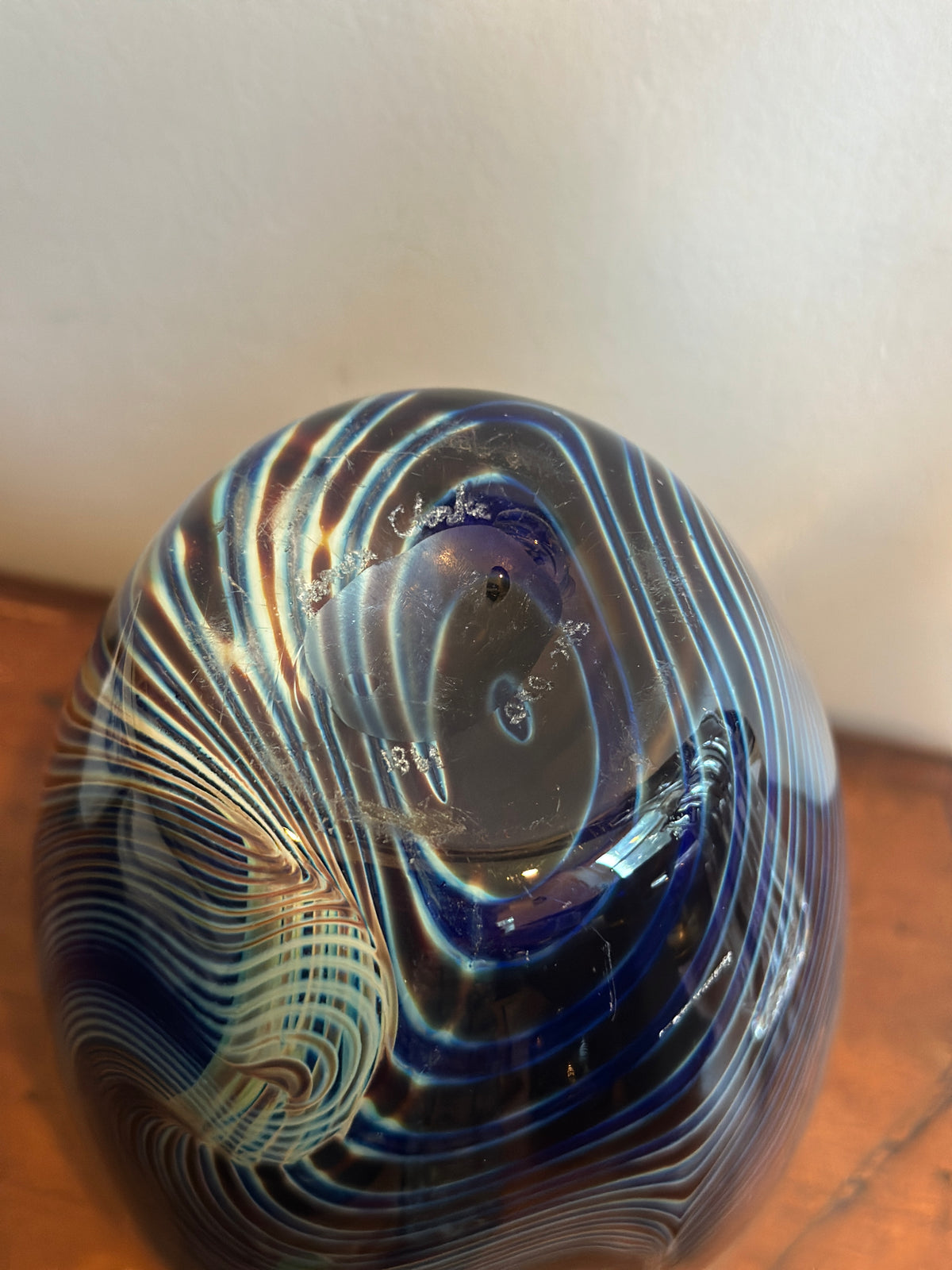 Vintage Blue Swirl Hand-Blown Art Glass Vase