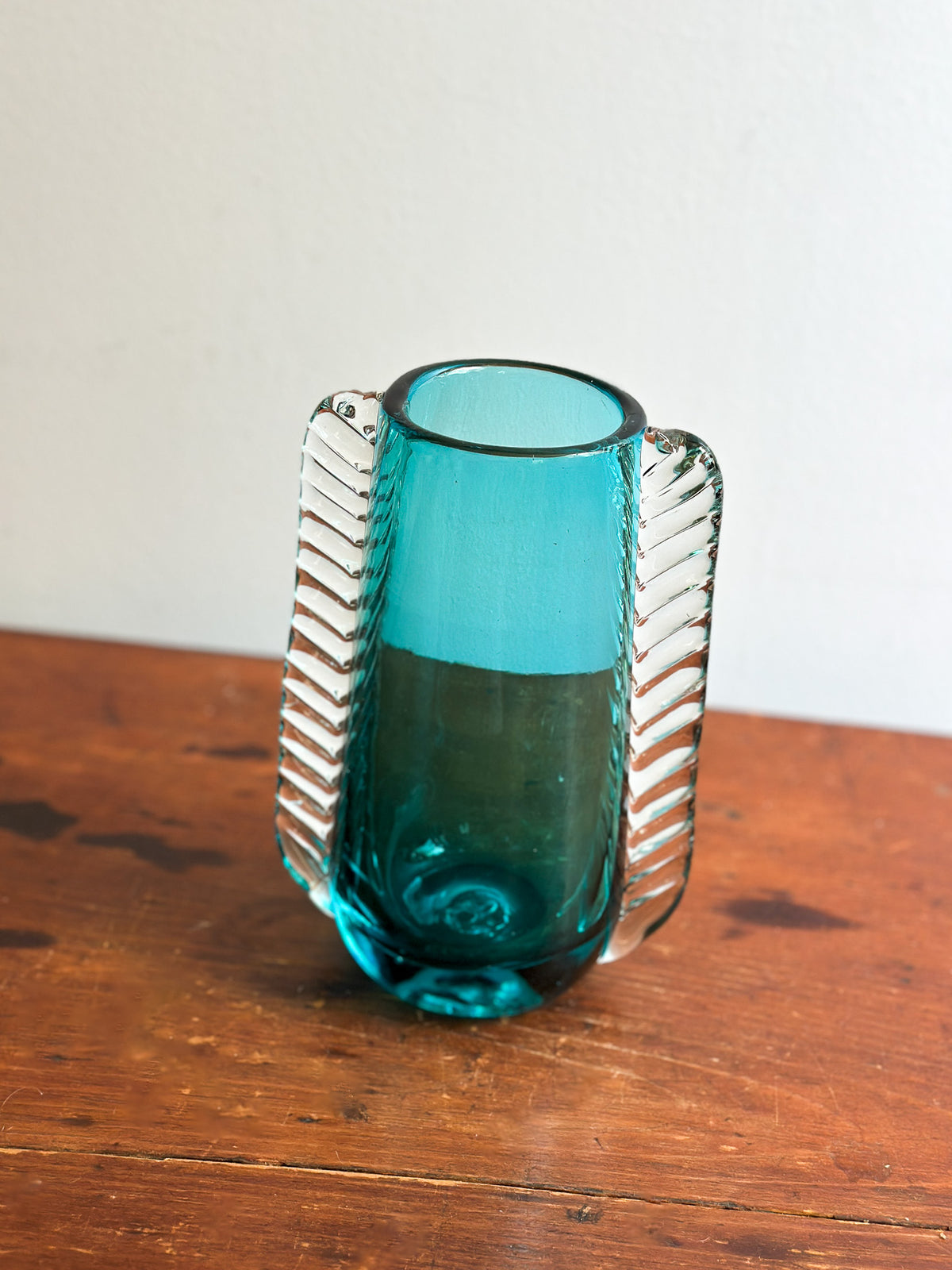 Mid-Century Turquoise Glass Winged Vase