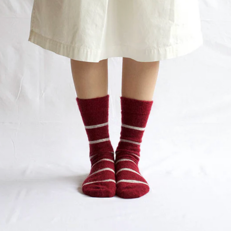 Mohair Wool Border Socks, Wine