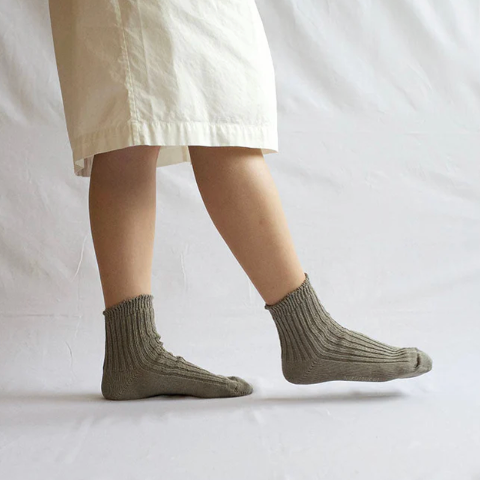 Linen Ribbed Socks, Beige
