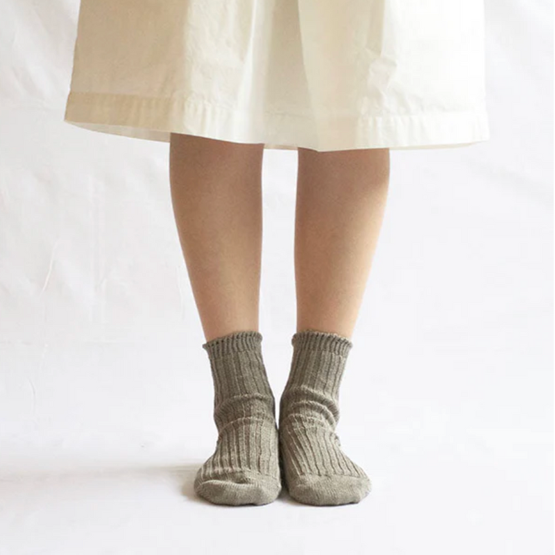 Linen Ribbed Socks, Beige