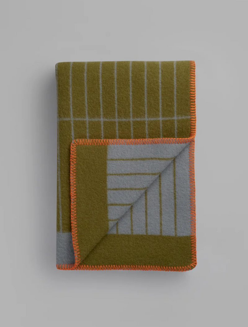 Kassett Wool Throw, Moss Green/Light Blue Grey
