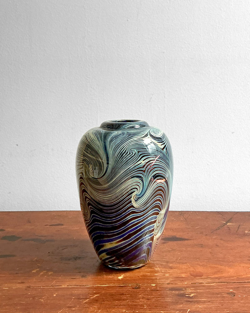 Vintage Blue Swirl Hand-Blown Art Glass Vase