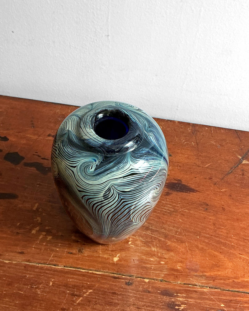Vintage Blue Swirl Hand-Blown Art Glass Vase