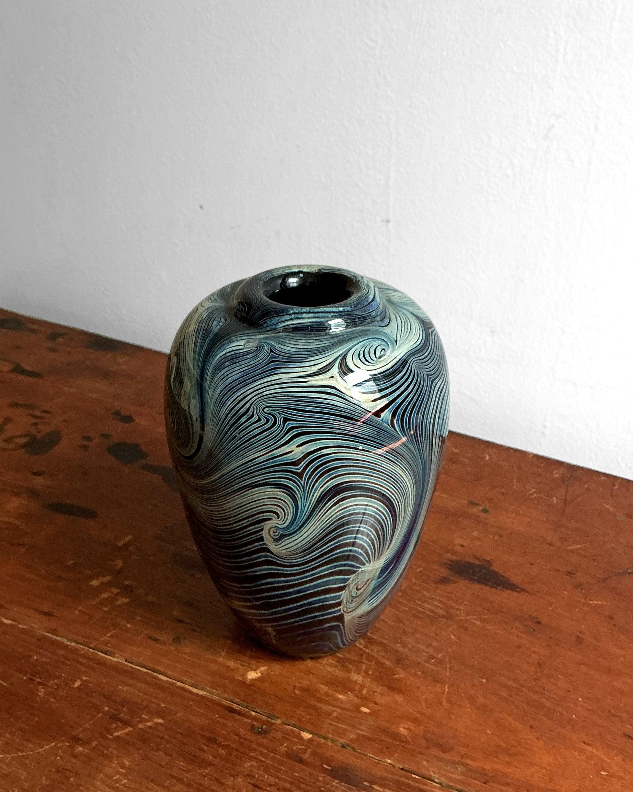 Vintage Blue Swirl Hand-Blown Art Glass Vase